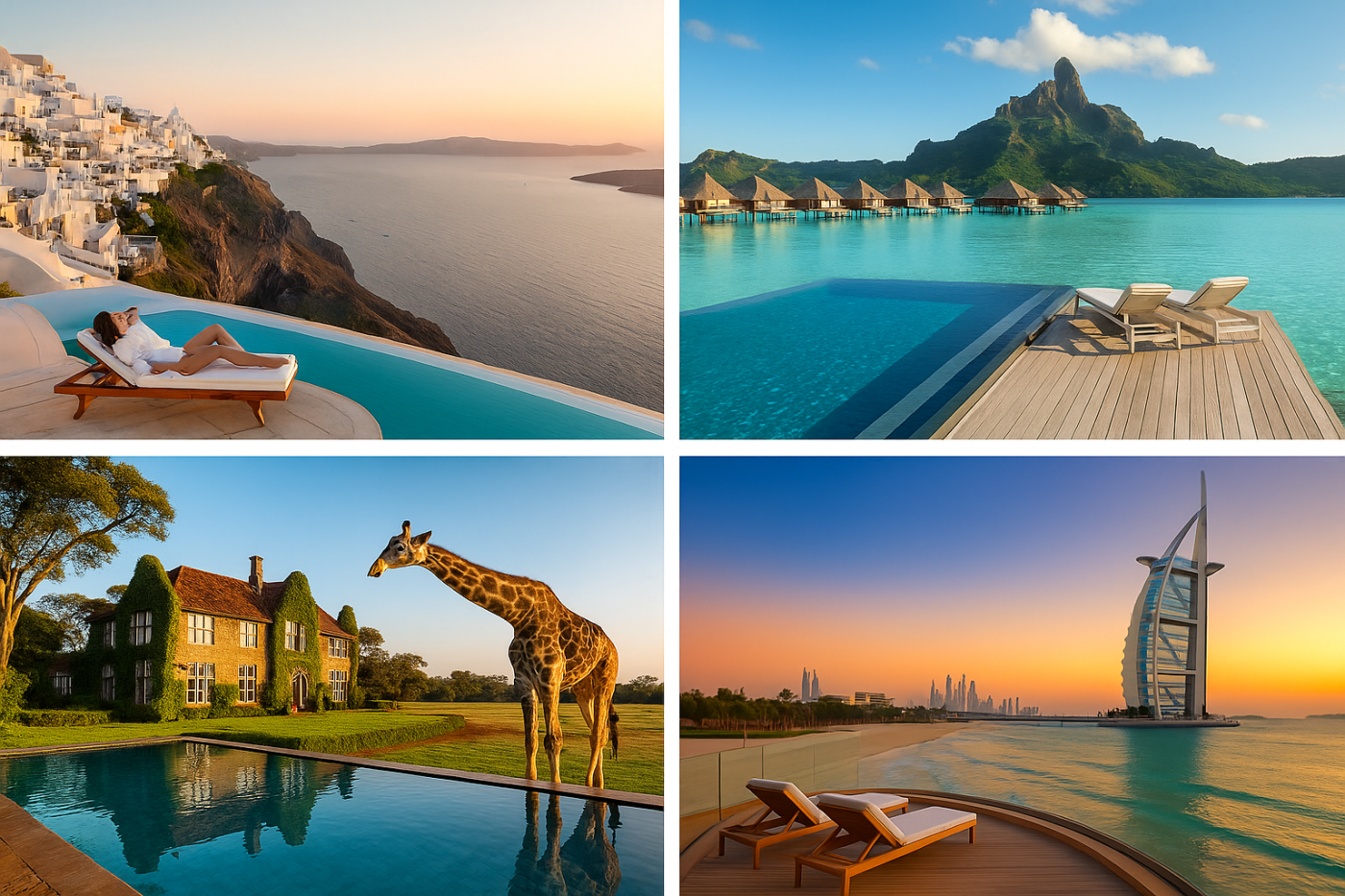 Collage of four breathtaking hotel views including Santorini, Bora Bora, Serengeti, and Dubai