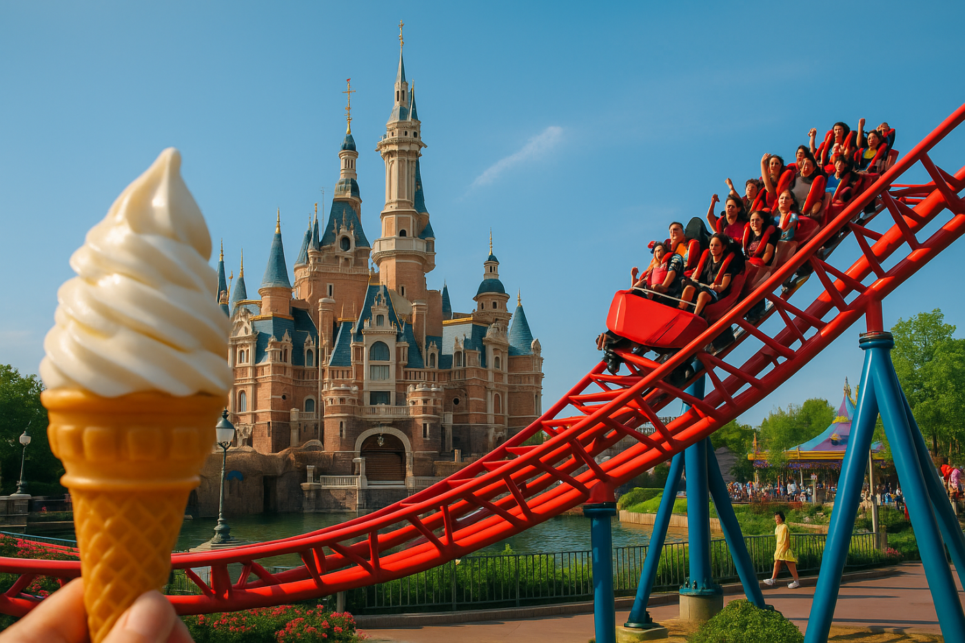 A vibrant amusement park scene featuring a castle, roller coaster, and soft-serve ice cream cone under a sunny blue sky.