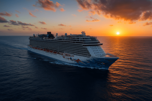 A Norwegian Cruise Line ship sailing across a calm ocean at sunset