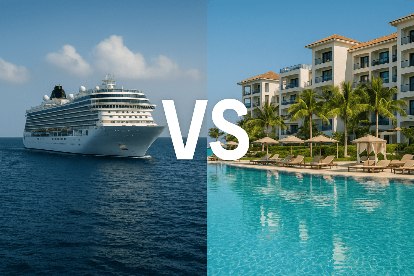 Cruise ship and beachfront resort divided at sunset, tropical vacation vibe