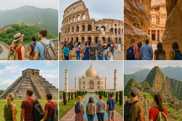 A stunning collage of the New Seven Wonders of the World with global travelers admiring each site