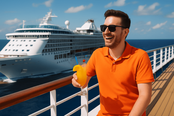 Man enjoying a cocktail on the deck of a luxury cruise ship with the ocean and ship in the background
