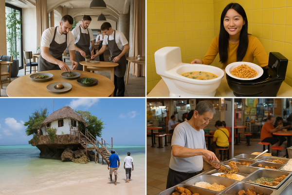 A collage of four unique restaurants worldwide, including fine dining in Copenhagen, quirky toilet-themed dining in Taipei, seaside dining at The Rock in Zanzibar, and street food at a Singapore hawker centre.