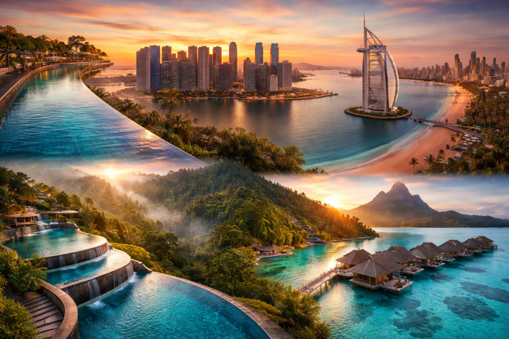 Top hotel views around the world featuring infinity pools, jungle, mountains, ocean, and skyline