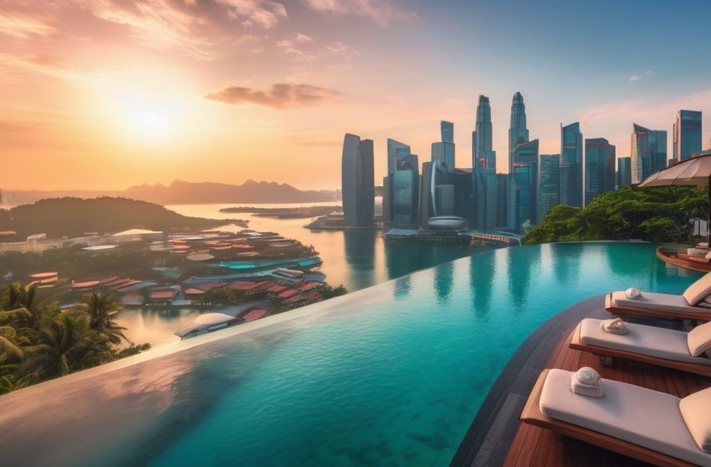 Rooftop infinity pool overlooking a modern city skyline at sunset
