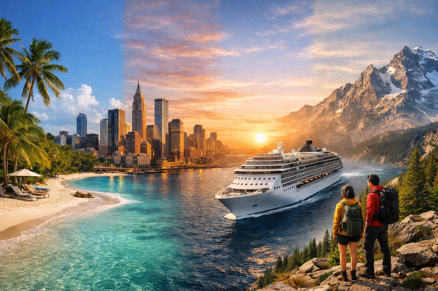 Vacation styles comparison featuring beach, city, cruise, and adventure travel landscapes