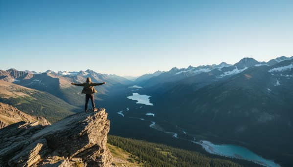 Traveler standing on mountain cliff overlooking dramatic valley