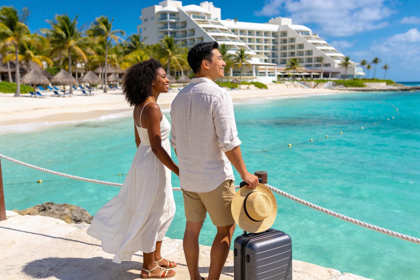 First-time international travelers standing on a turquoise Cancun beach near a luxury all-inclusive resort.