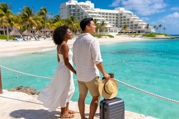 First-time international travelers standing on a turquoise Cancun beach near a luxury all-inclusive resort.