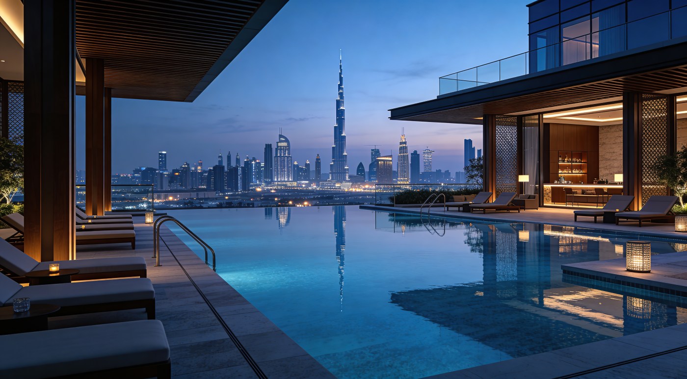 Rooftop infinity pool in Dubai overlooking skyline at blue hour