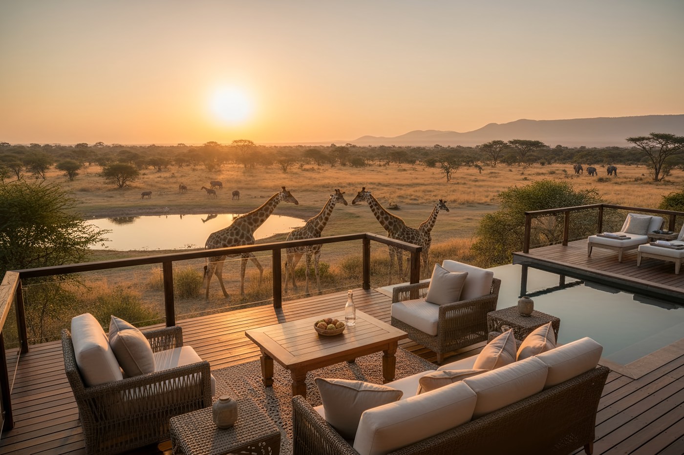 Luxury safari hotel room balcony overlooking giraffes on African savannah
