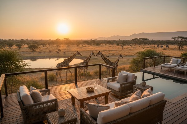 Luxury safari hotel room balcony overlooking giraffes on African savannah