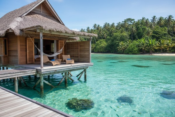 Affordable overwater bungalow in tropical Southeast Asia with clear water